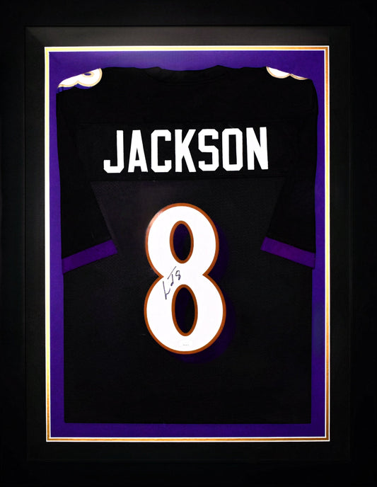 Lamar Jackson Signed 27.5 x 35.5 Custom Framed Jersey (JSA Hologram)